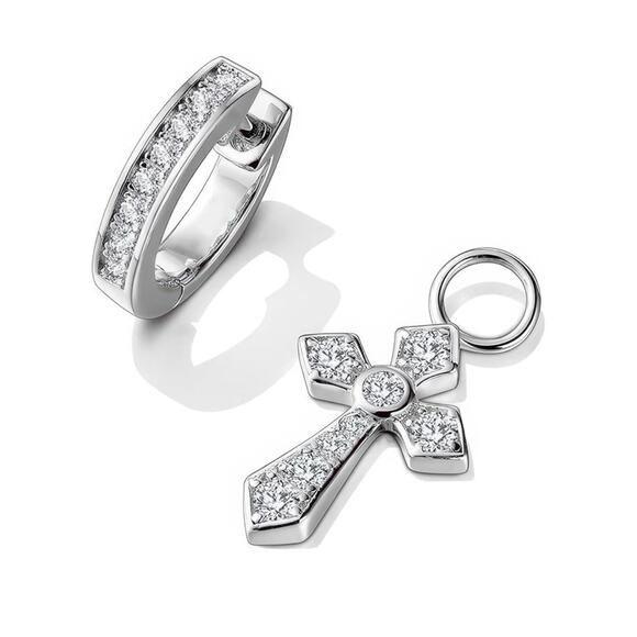 Silver Hoop Huggie Earrings with Cross Charm - Picture 4 of 4